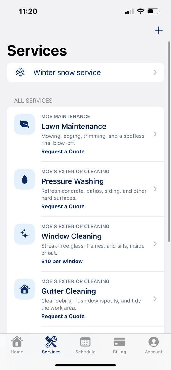Request any service screen of the Moe Maintenance app
