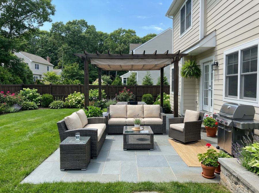 Restored backyard patio outdoor living space in Beverly