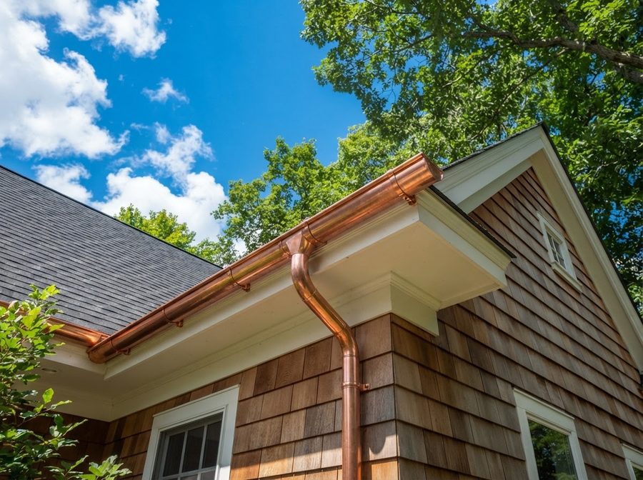 Gutter Cleaning: Cleaned Copper Gutters and Downspouts