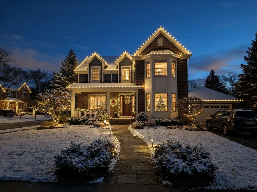 Professional C9 LED holiday lighting installation in Beverly