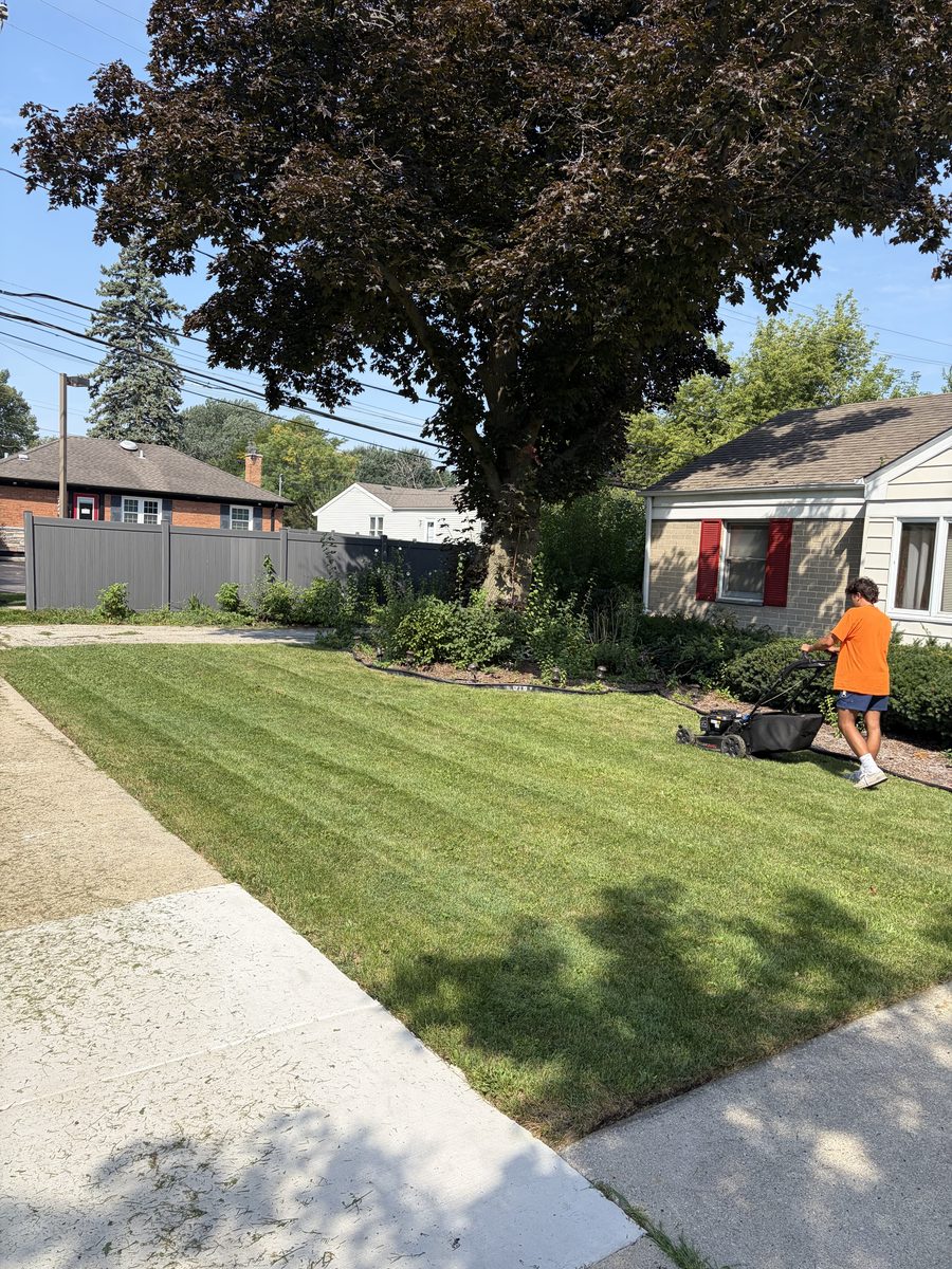 Mowing clean stripes on a South Side front lawn