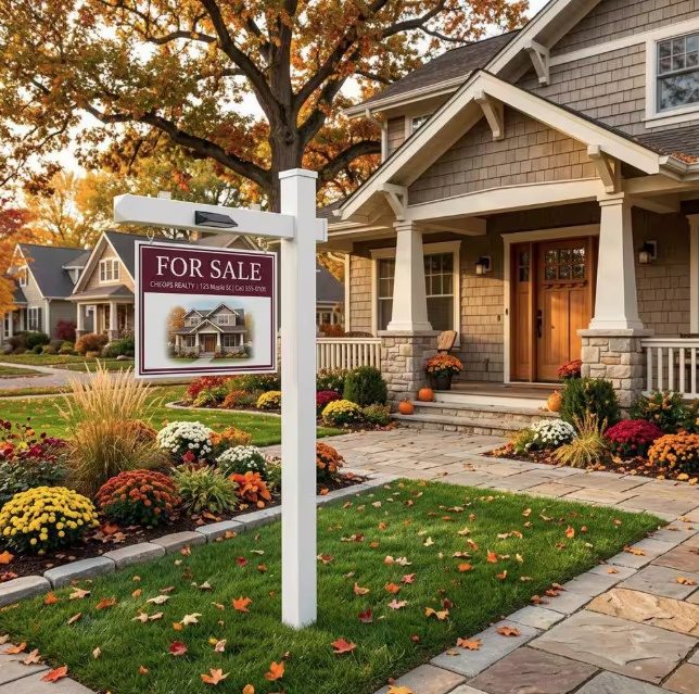 White vinyl real estate sign post with a For Sale panel installed in a front yard