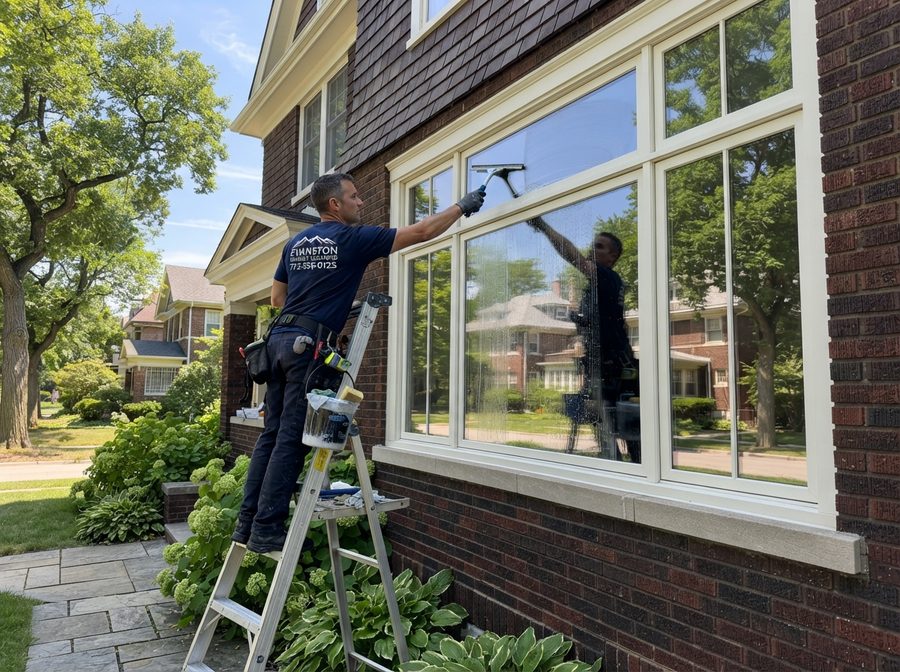 Professional squeegee window cleaning on a South Side home